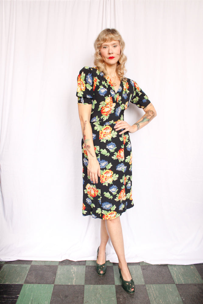 1940s Floral Puff Sleeve Rayon Dress - Small