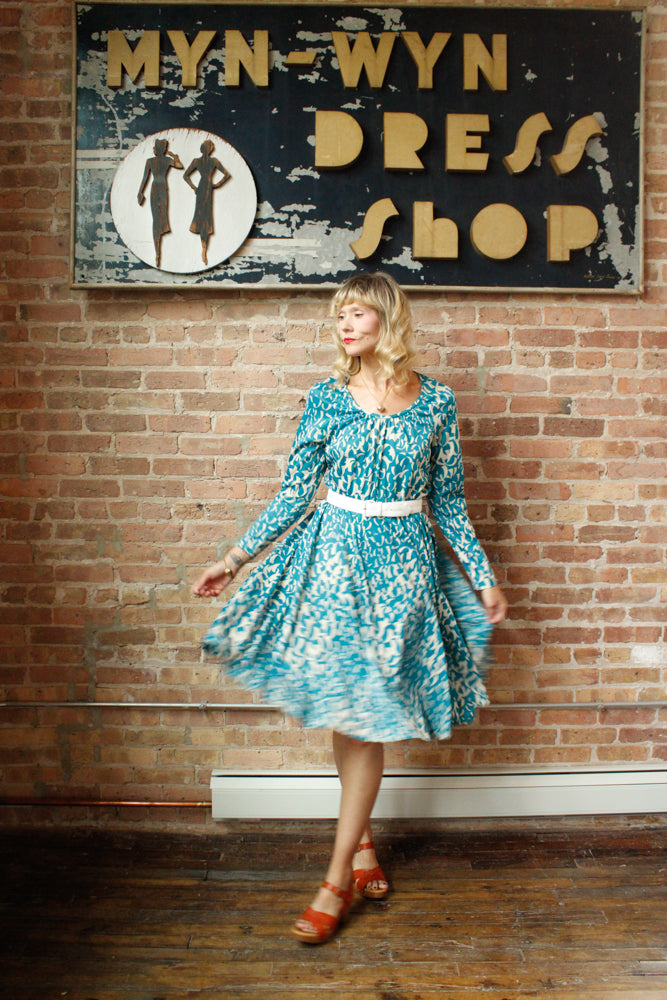 1960s Geometric Teal & White Jersey Dress - Large
