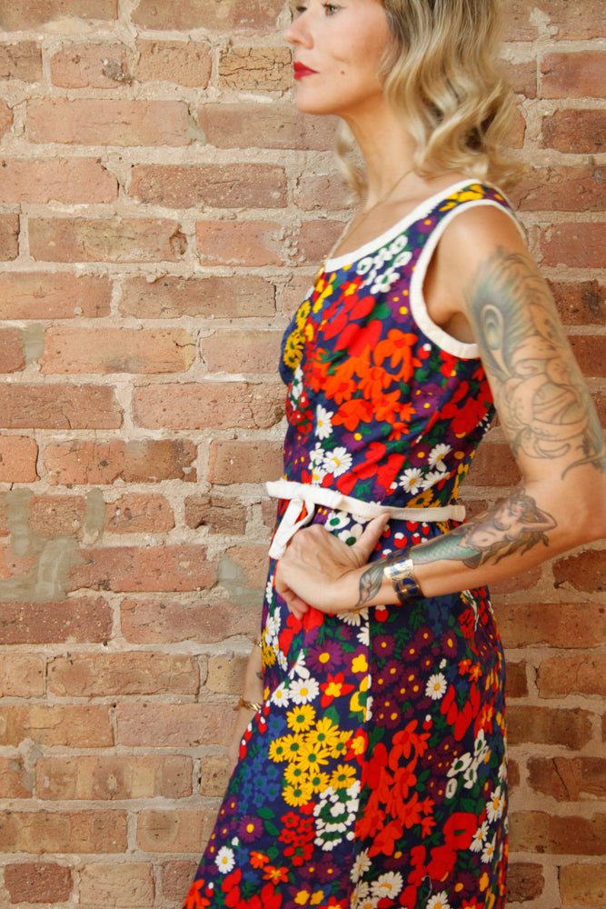 1960s Floral MOD Cotton Dress - Medium