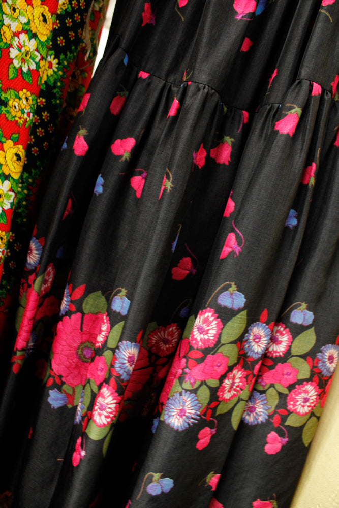 1950s Silk Floral Tiered Skirt Dress - Small