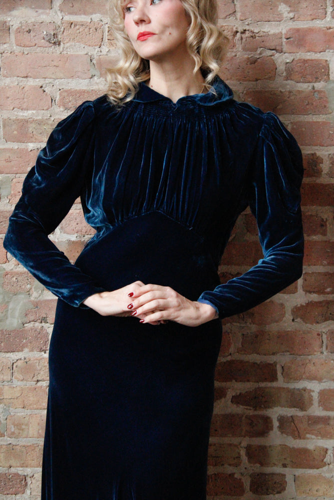 1930s Sapphire Long Sleeve Silk Velvet Gown