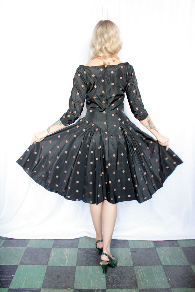 1950s Taffeta Gold Polka Dot Party Dress - Medium