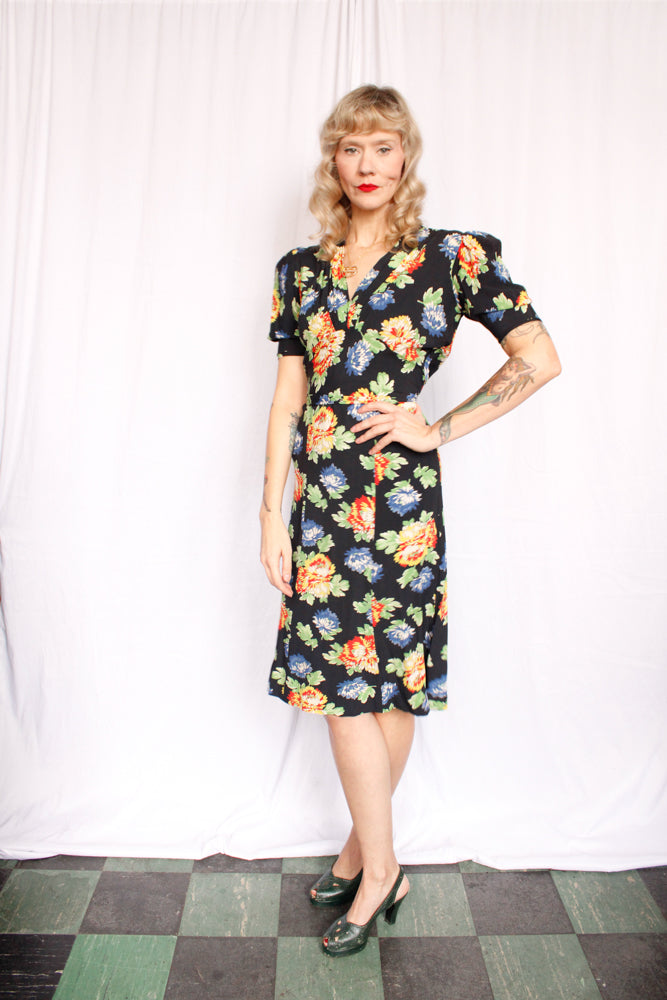 1940s Floral Puff Sleeve Rayon Dress - Small