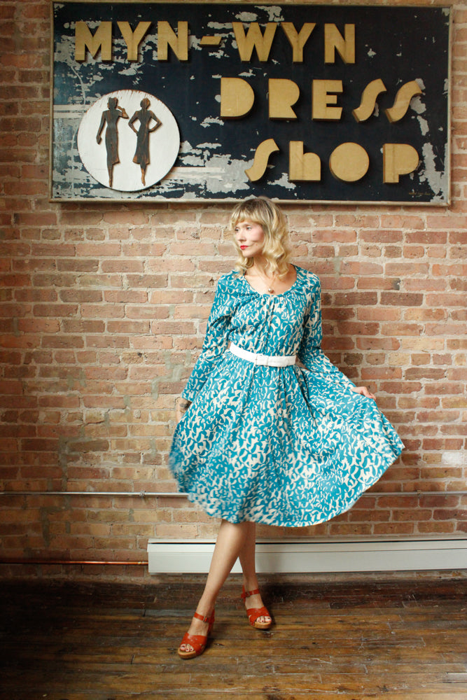 1960s Geometric Teal & White Jersey Dress - Large