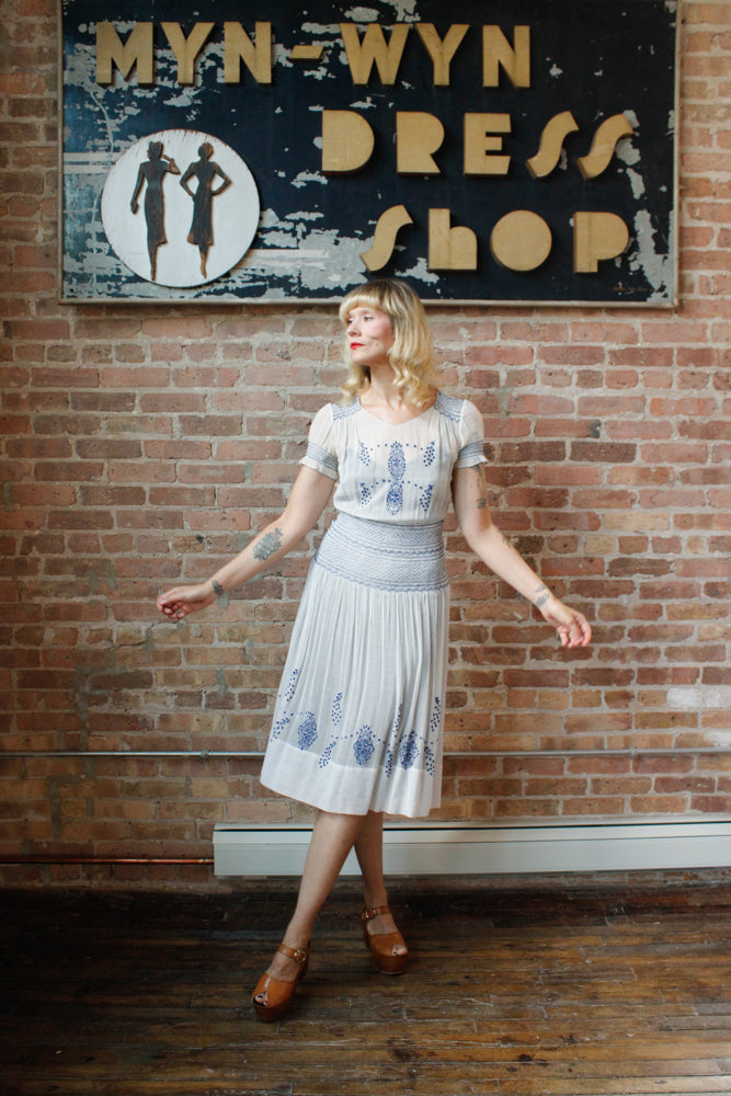 1930s Hungarian Blue Embroidered Cotton Voile Dress - Xs/S