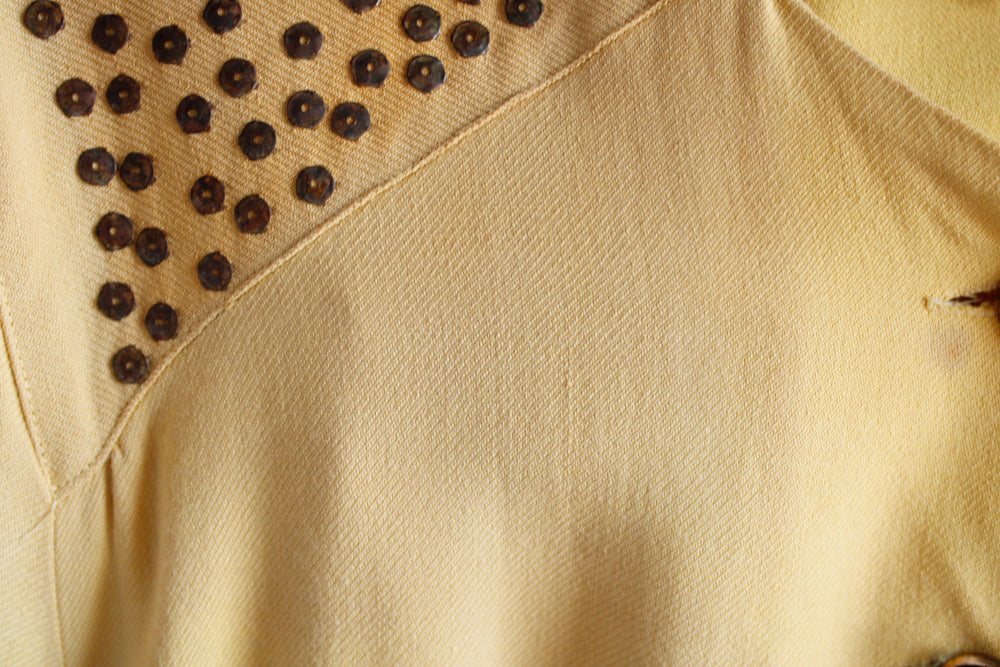 1940s Golden Yellow Cotton with Brass Sequins Dress - Medium