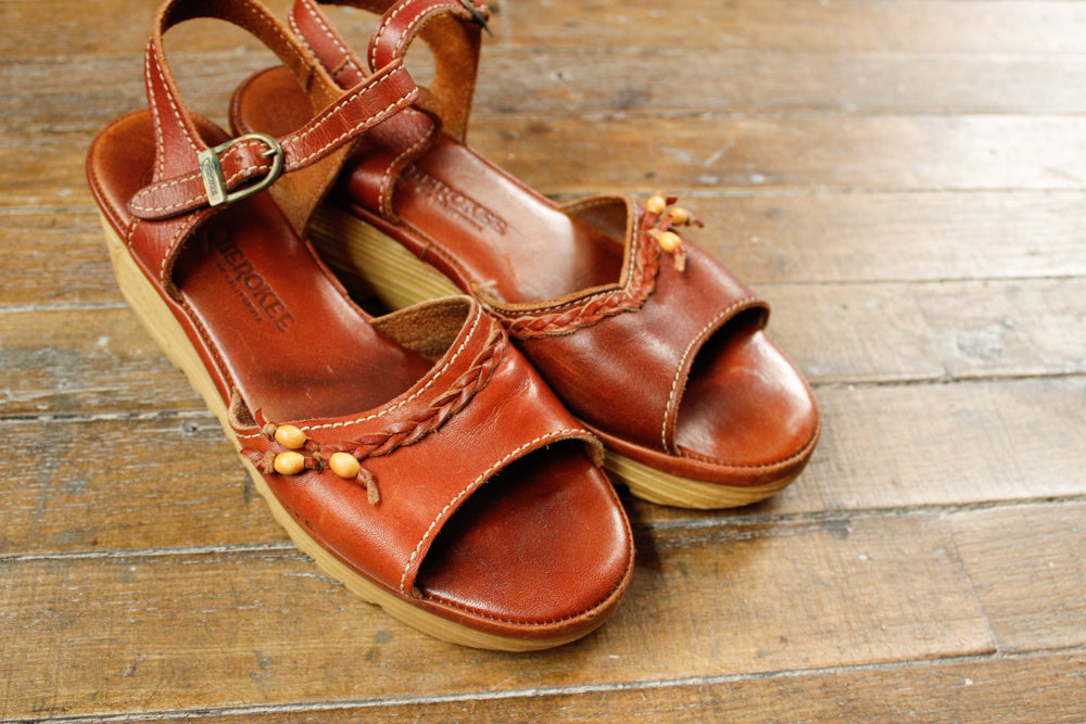1970s Cherokee Leather Wedge Platform Sandals - 8M