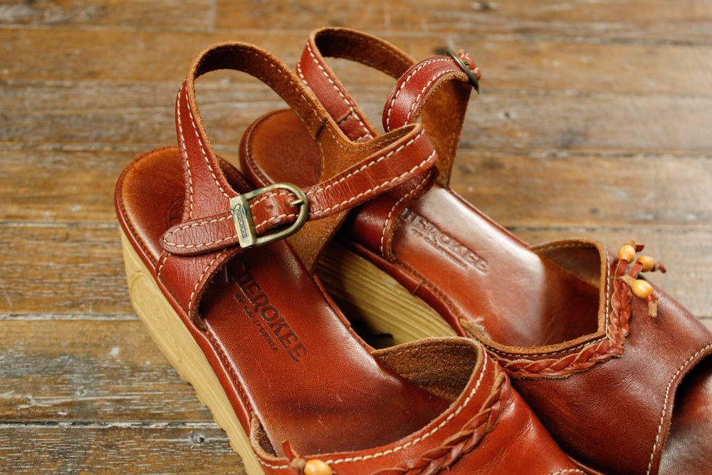 1970s Cherokee Leather Wedge Platform Sandals - 8M