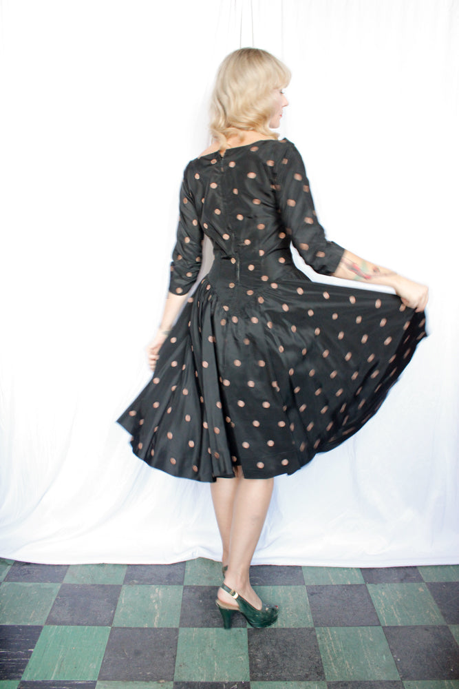 1950s Taffeta Gold Polka Dot Party Dress - Medium