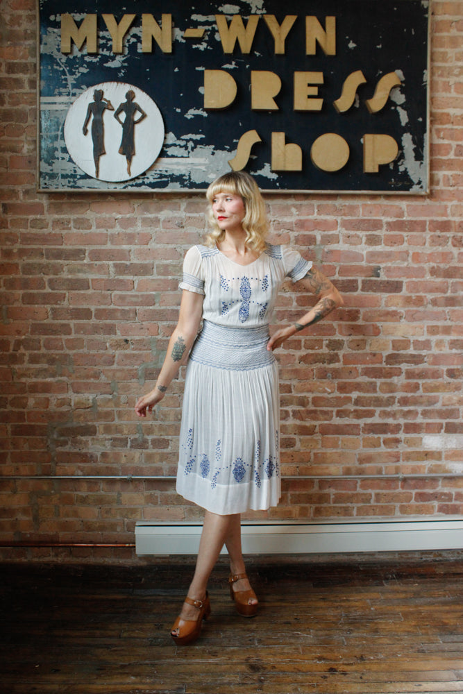 1930s Hungarian Blue Embroidered Cotton Voile Dress - Xs/S