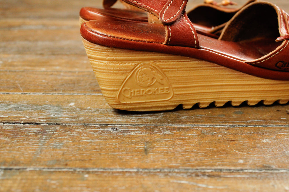 1970s Cherokee Leather Wedge Platform Sandals - 8M
