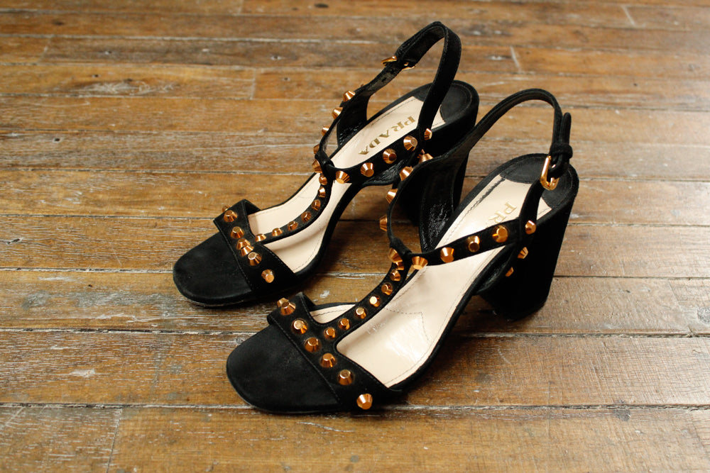 Prada Black Gold Studded Heels - 8M