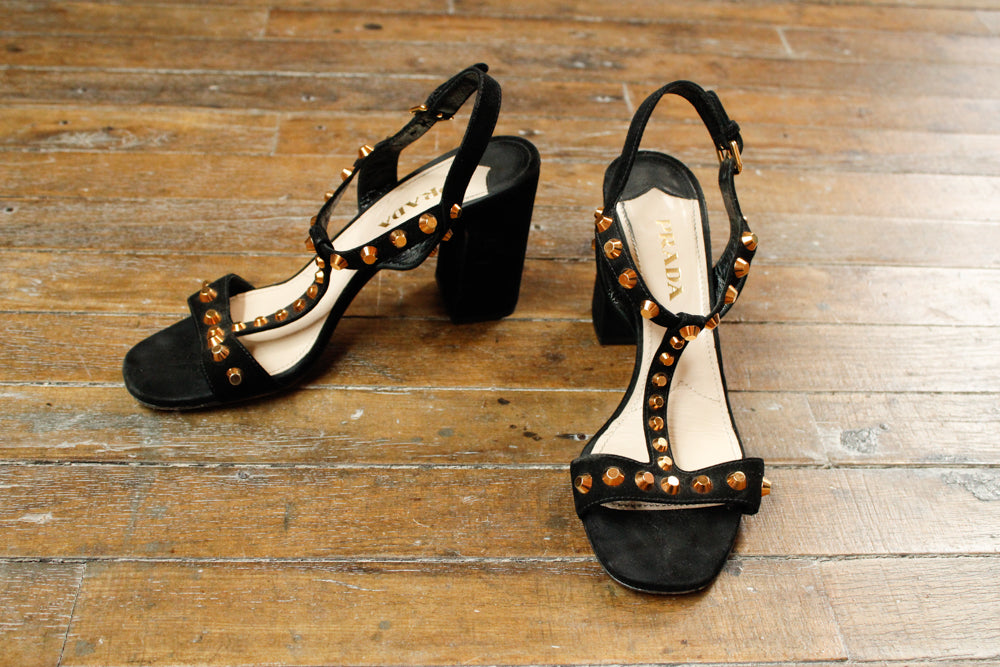 Prada Black Gold Studded Heels - 8M