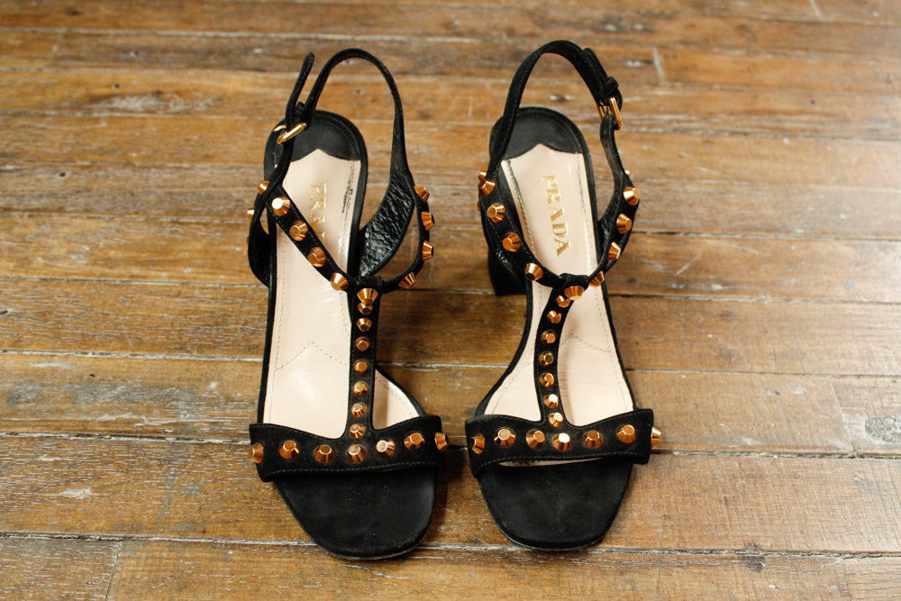 Prada Black Gold Studded Heels - 8M
