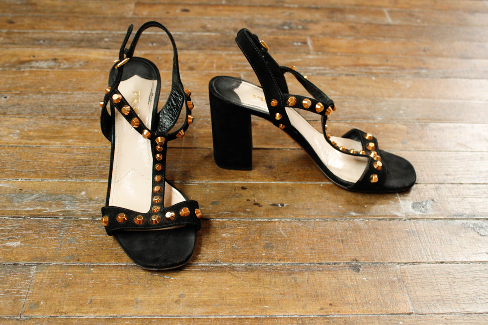 Prada Black Gold Studded Heels - 8M