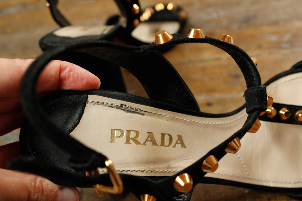 Prada Black Gold Studded Heels - 8M