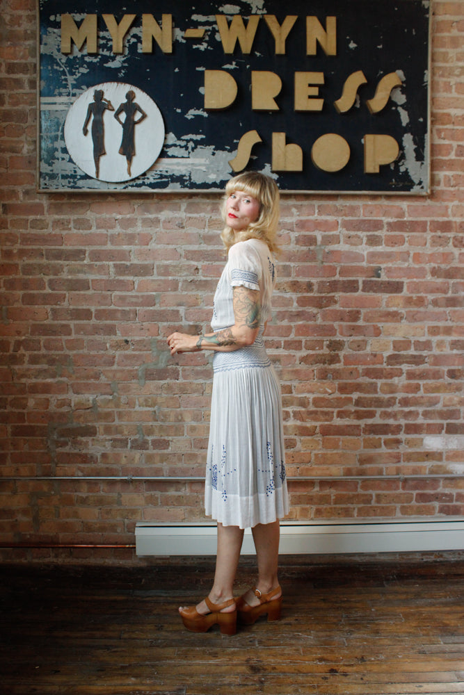 1930s Hungarian Blue Embroidered Cotton Voile Dress - Xs/S