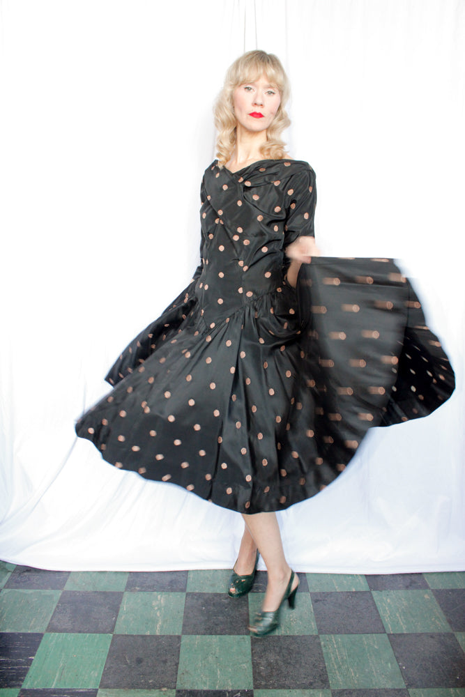 1950s Taffeta Gold Polka Dot Party Dress - Medium