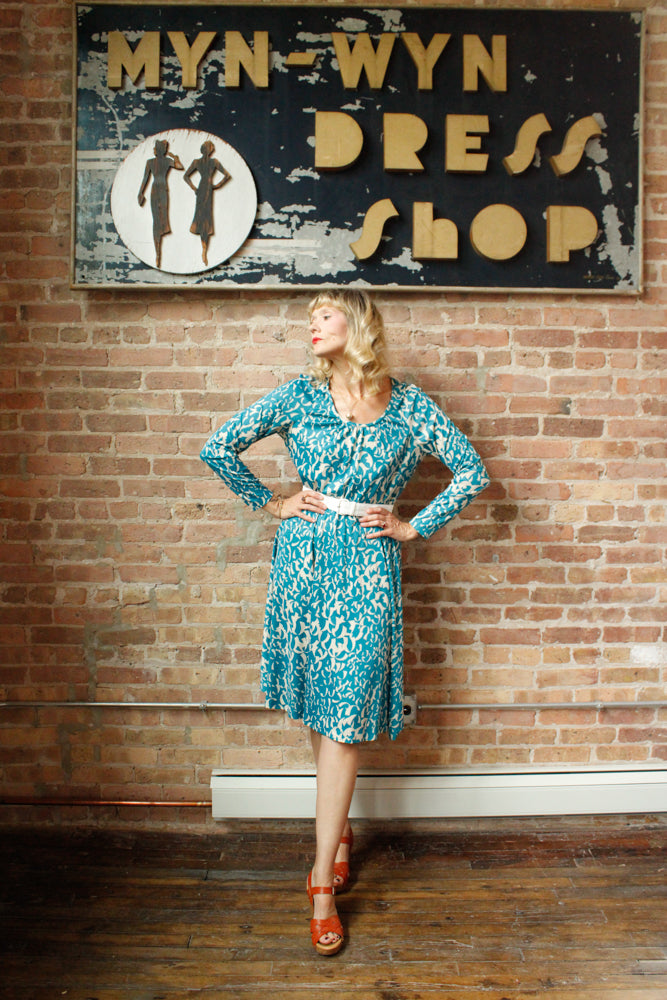 1960s Geometric Teal & White Jersey Dress - Large