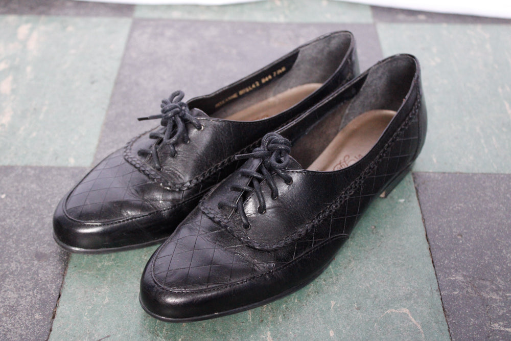 1980s Black Leather Lace up Oxfords - 7.5/8M