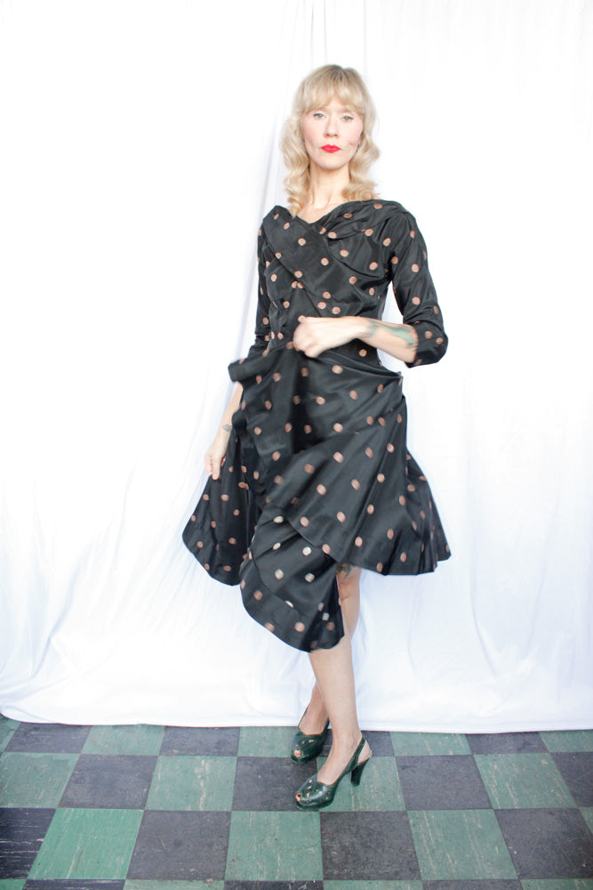 1950s Taffeta Gold Polka Dot Party Dress - Medium