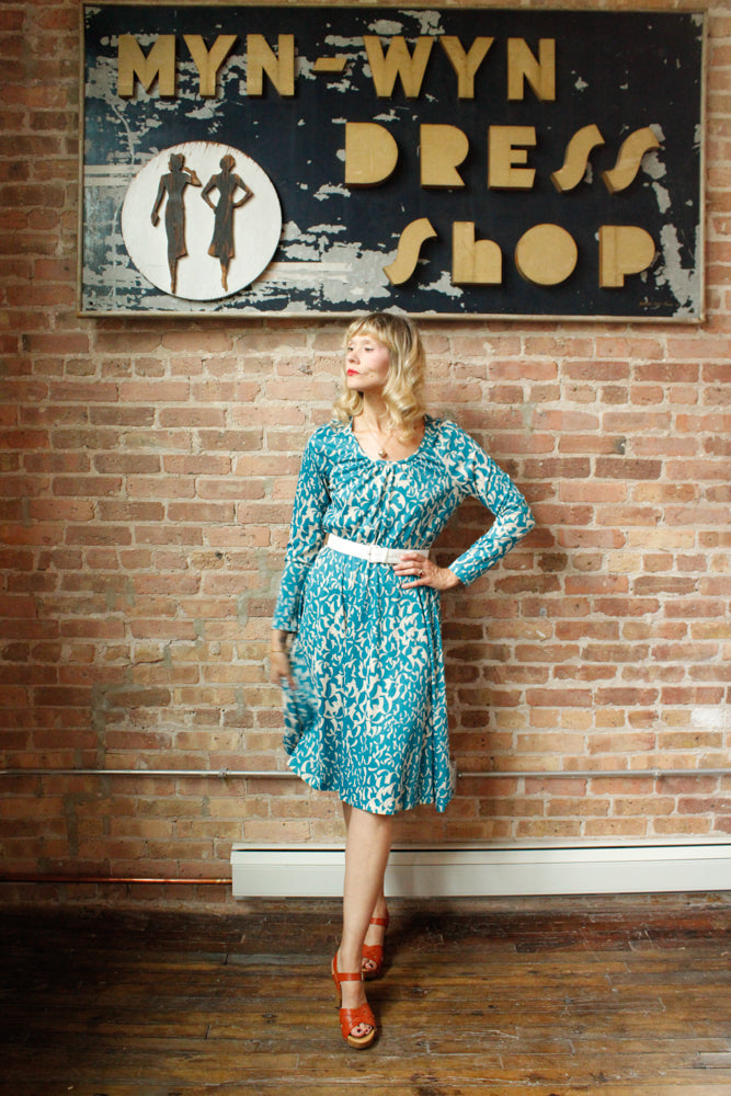 1960s Geometric Teal & White Jersey Dress - Large