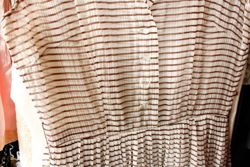 1950s Sheer Puckered Nylon Striped Dress - Medium