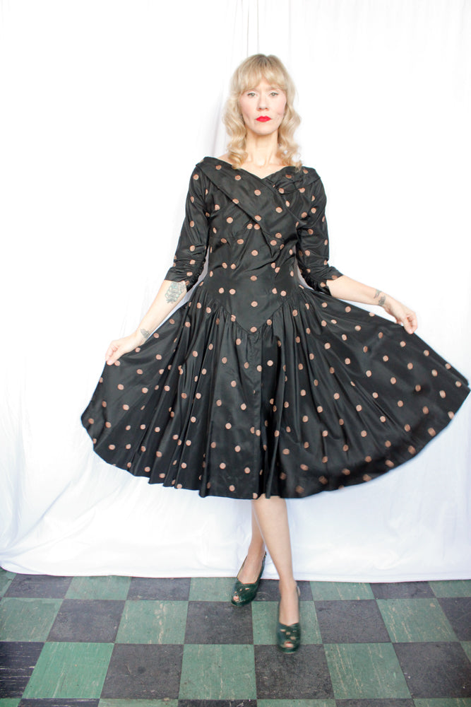 1950s Taffeta Gold Polka Dot Party Dress - Medium