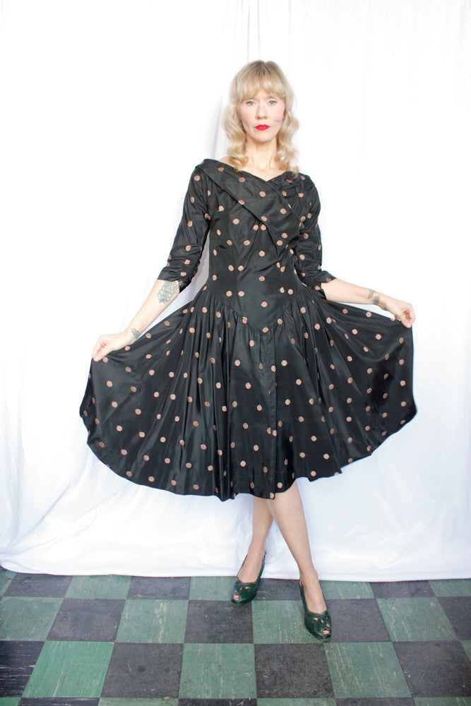 1950s Taffeta Gold Polka Dot Party Dress - Medium