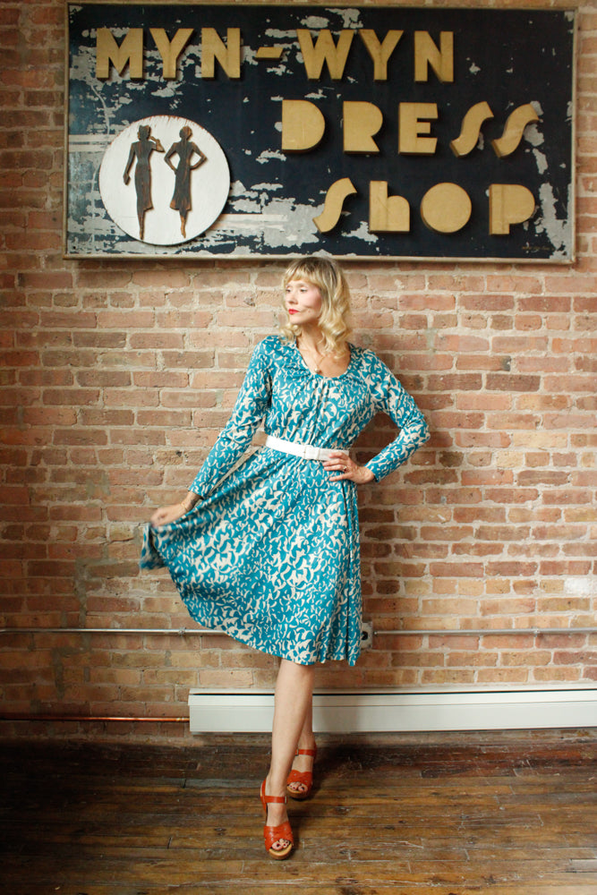 1960s Geometric Teal & White Jersey Dress - Large