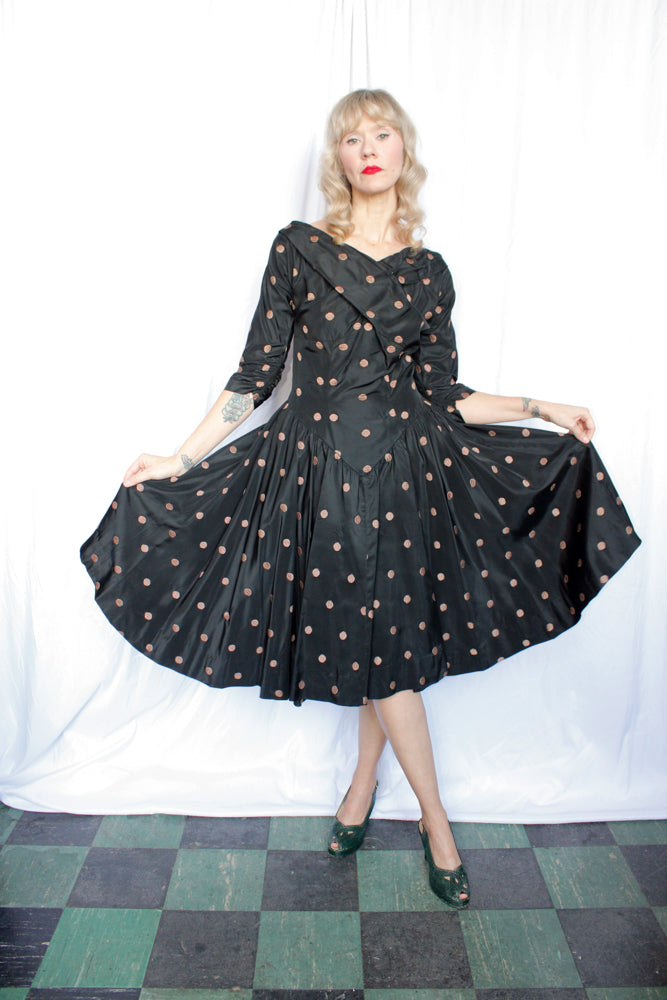 1950s Taffeta Gold Polka Dot Party Dress - Medium