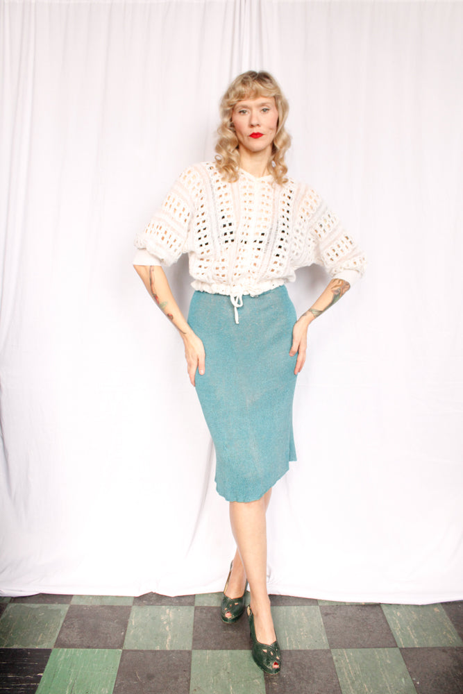 1930s Blue Knit Rayon Skirt - Xs/S