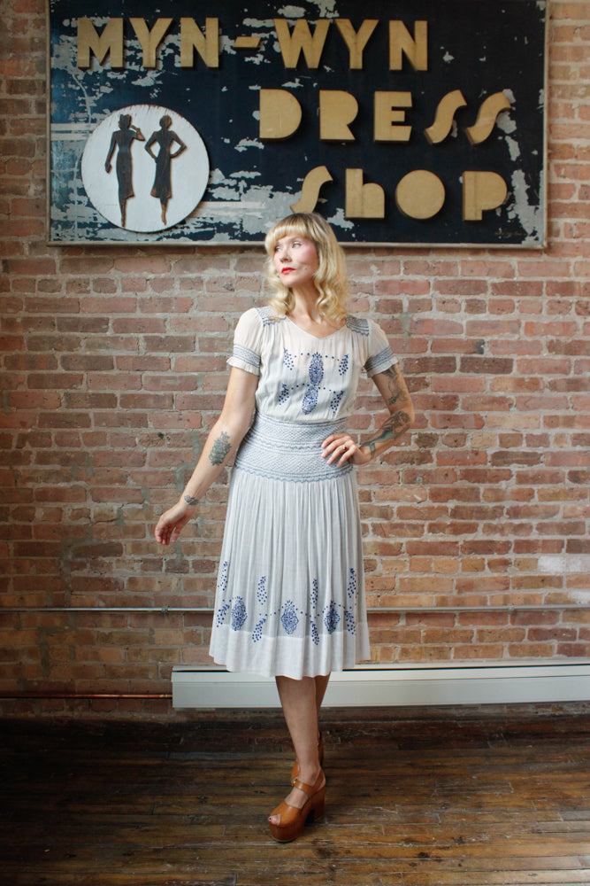 1930s Hungarian Blue Embroidered Cotton Voile Dress - Xs/S