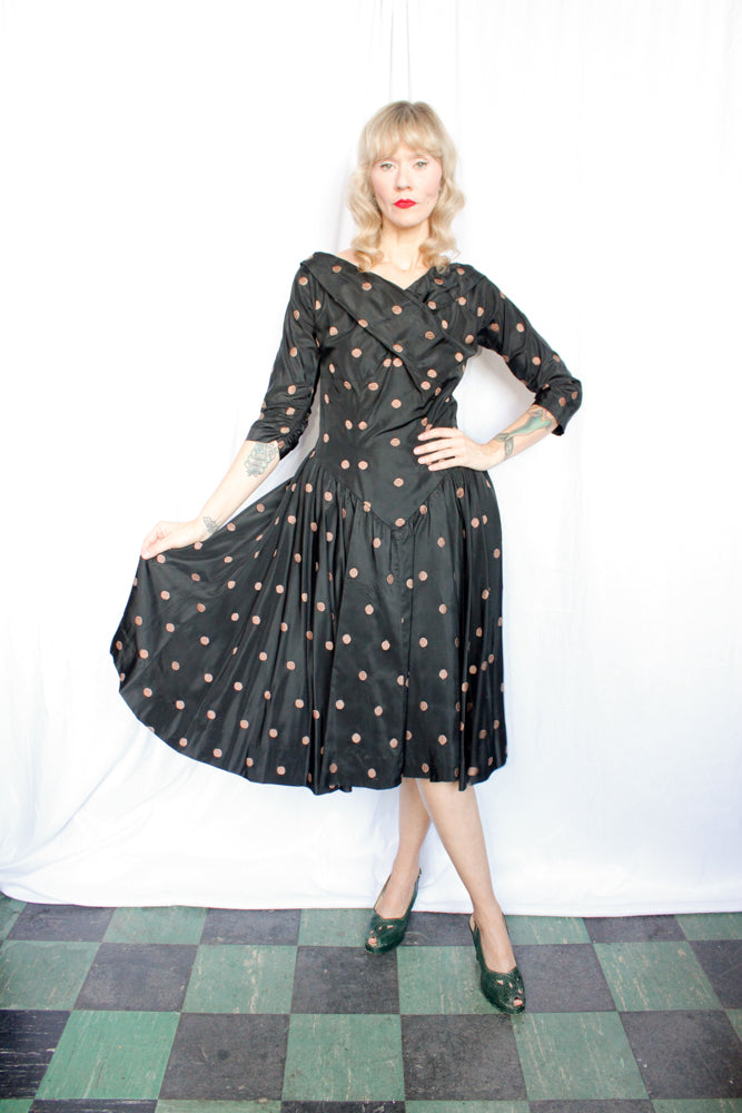 1950s Taffeta Gold Polka Dot Party Dress - Medium