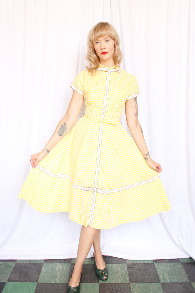 Dethrose Vintage 1950s Yellow Gingham Cotton Day Dress Small