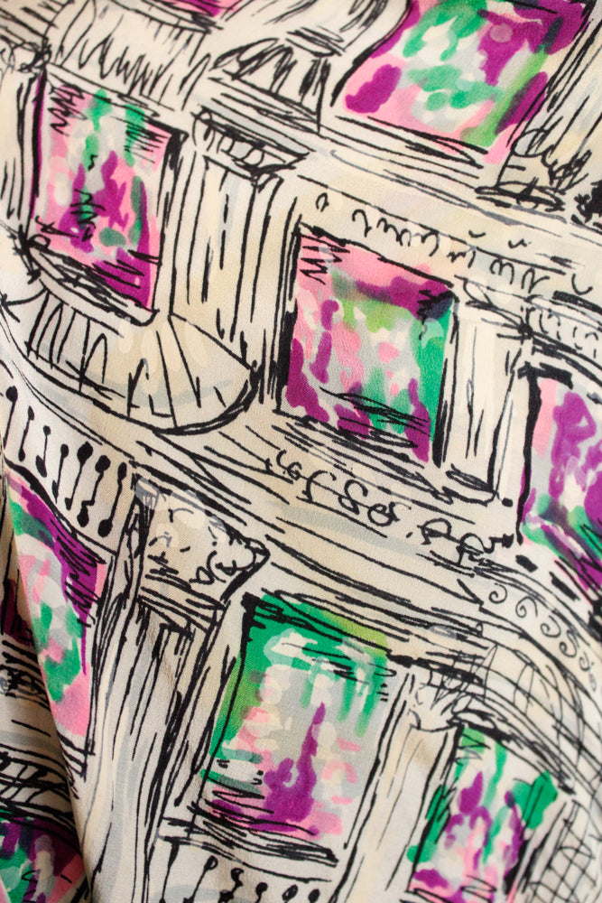 1950s Abstract Parisian Print Silk Dress - Small