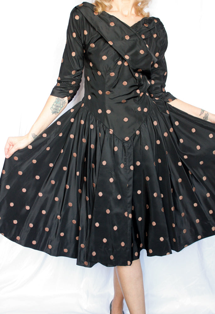 1950s Taffeta Gold Polka Dot Party Dress - Medium