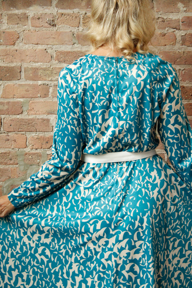 1960s Geometric Teal & White Jersey Dress - Large