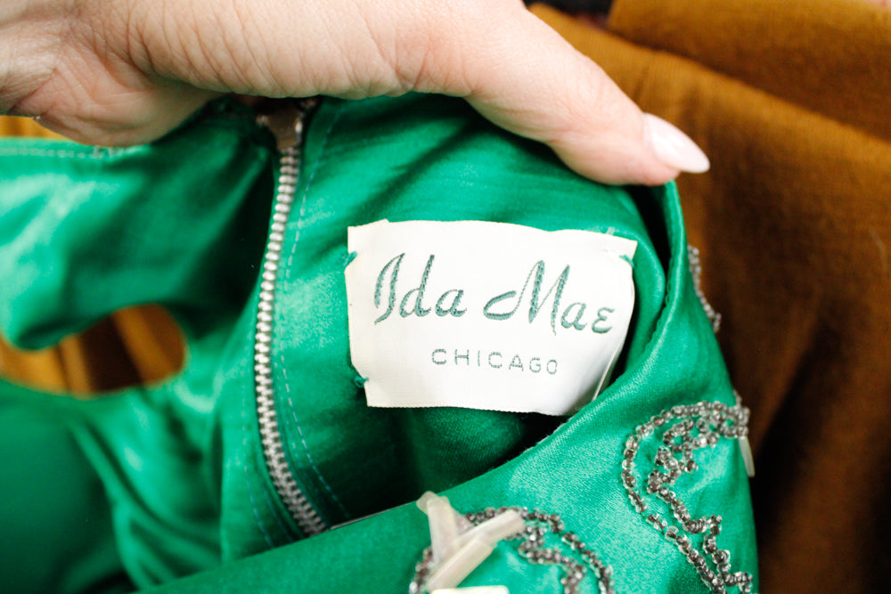 1960s Designer Ida Mae Emerald Silk Jeweled Gown - Small