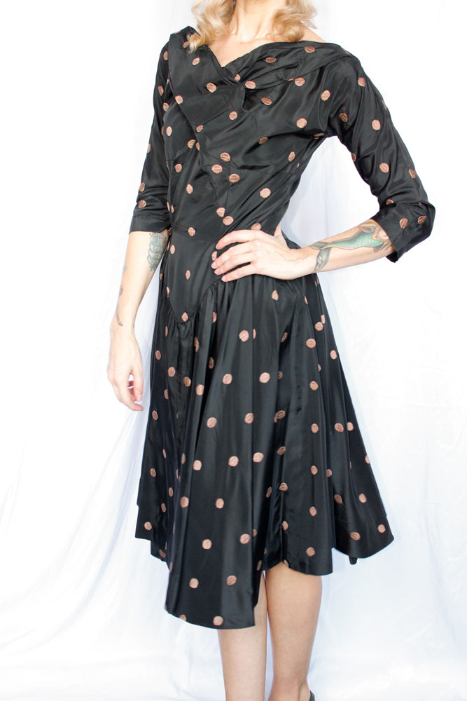 1950s Taffeta Gold Polka Dot Party Dress - Medium