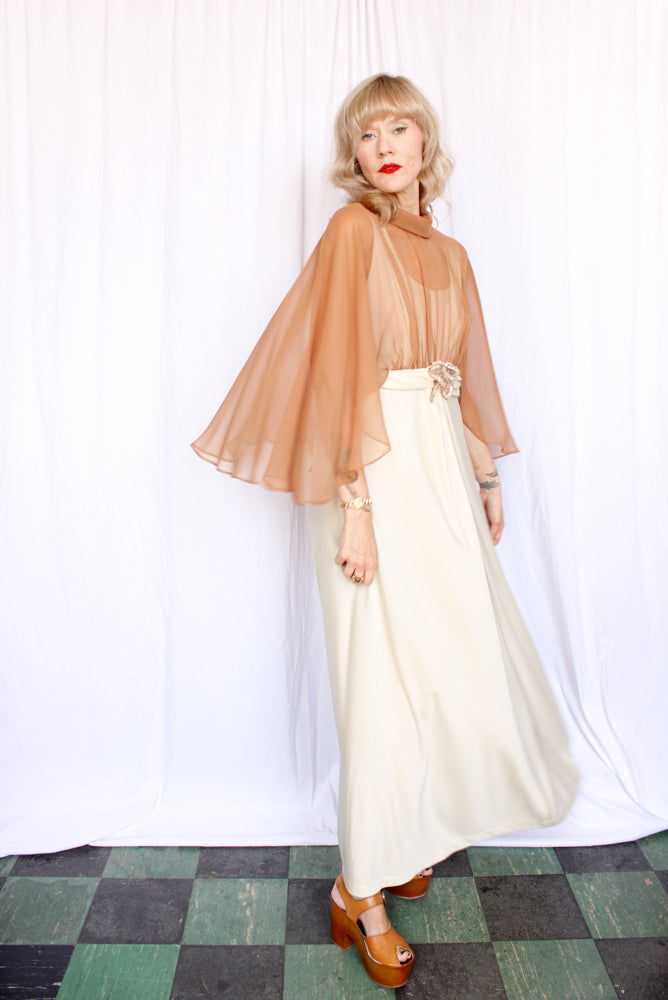 1970s Ivory Jersey Formal Gown - Medium