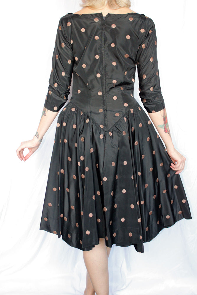 1950s Taffeta Gold Polka Dot Party Dress - Medium