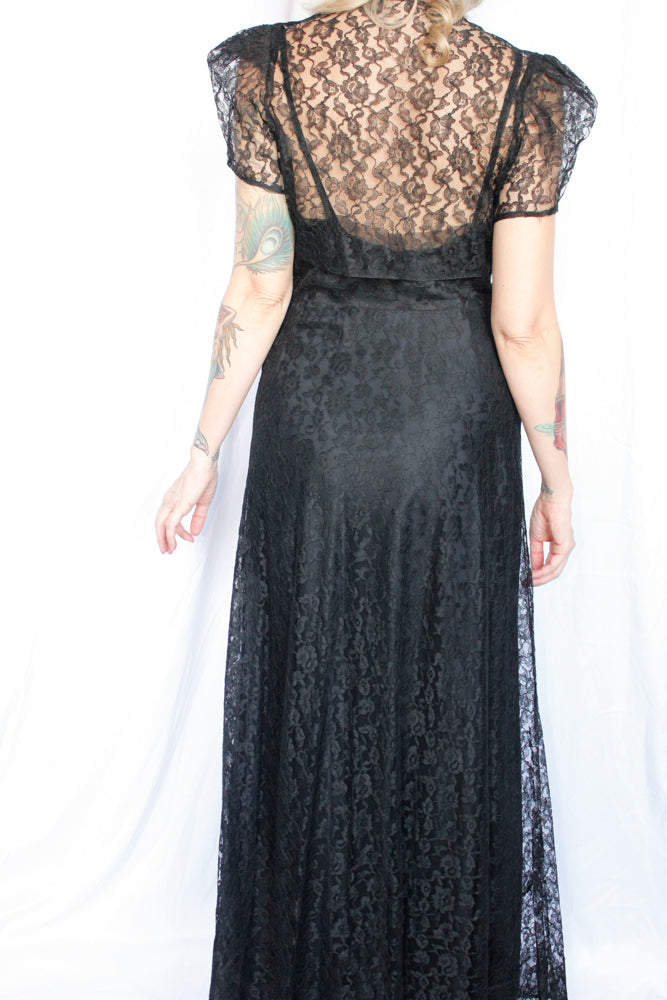 1930s Black Lace Gown & Bolero - Medium