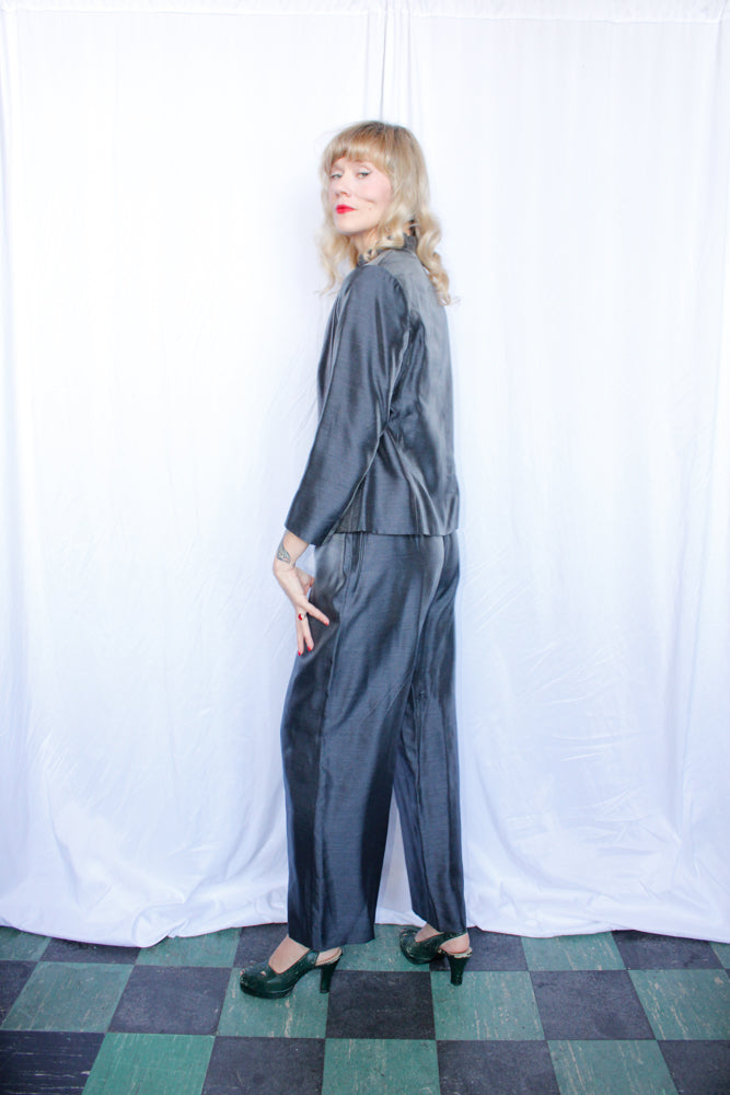 1990s Giorgio Armani Silk Gun Metal Suit - Medium