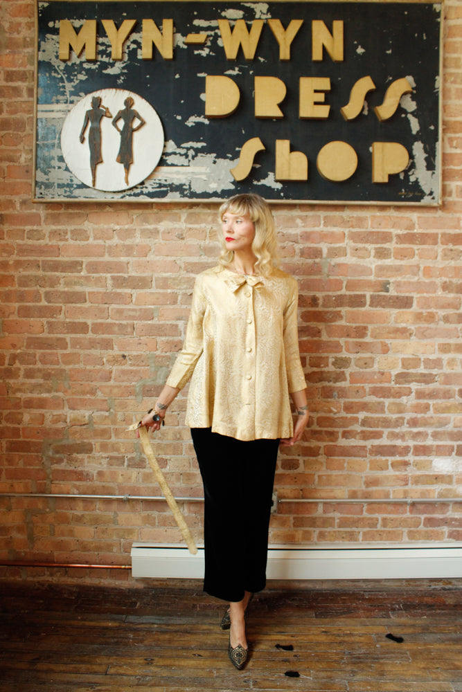 1950s Gold Brocade Swing Jacket w/Belt - Small