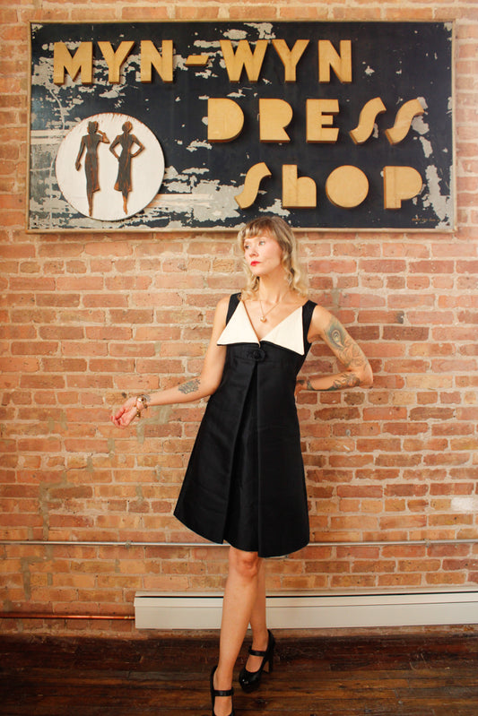 1960s Joseph Navy Blue and Ivory Duponi Silk Dress - Medium