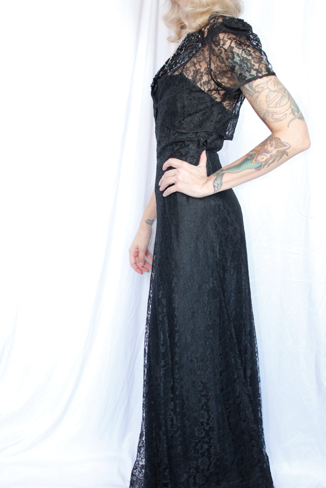 1930s Black Lace Gown & Bolero - Medium