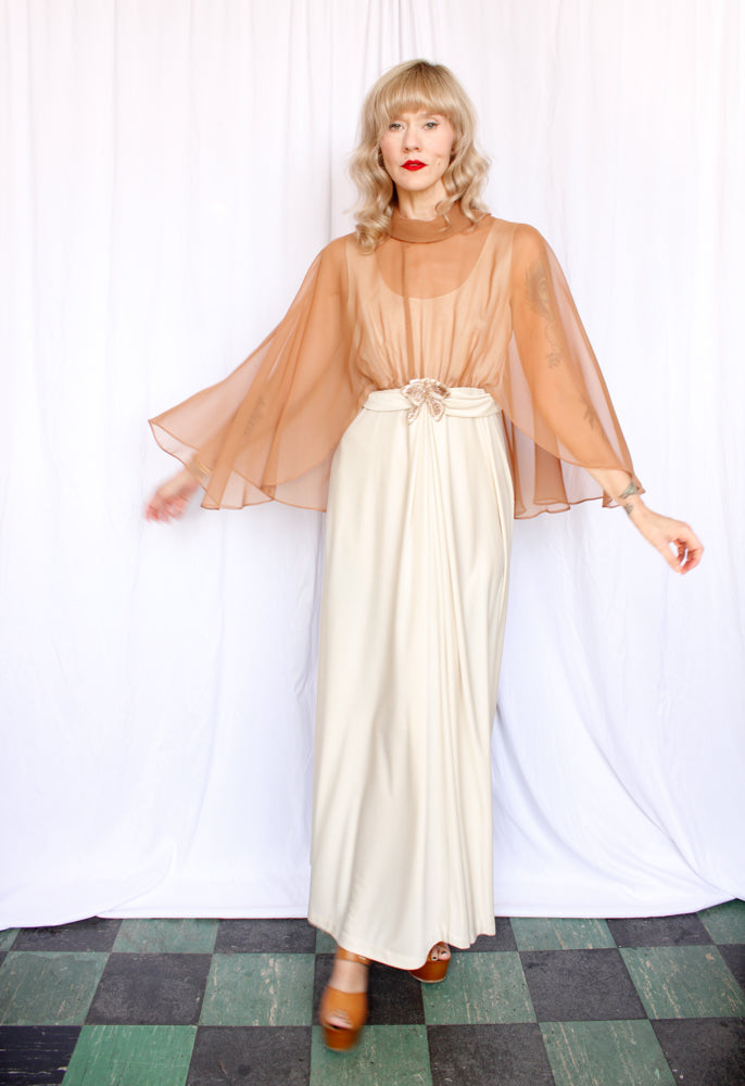 1970s Ivory Jersey Formal Gown - Medium
