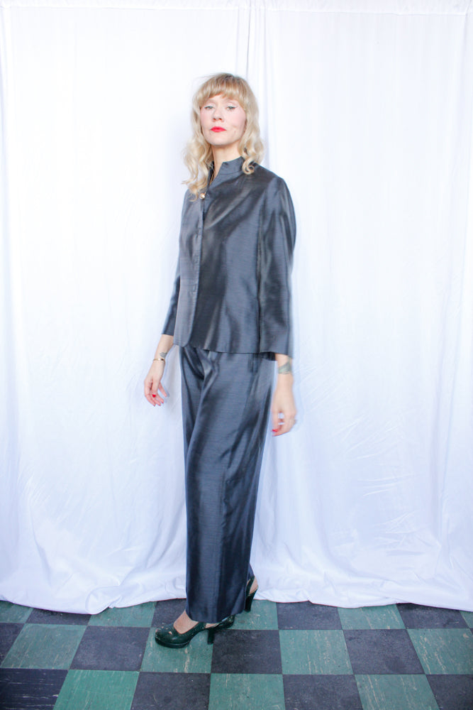 1990s Giorgio Armani Silk Gun Metal Suit - Medium