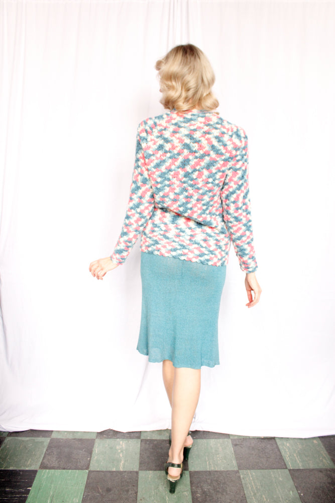 1940s Pink & Blue Crochet Sweater - Med to Large